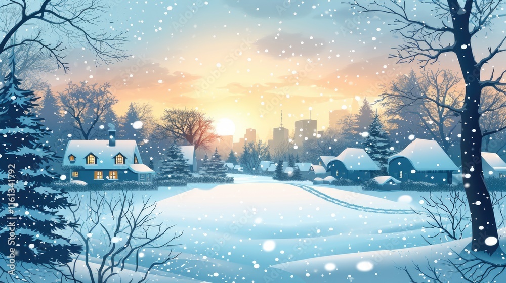 A serene winter landscape featuring a small village with snow-covered houses during sunset. A serene winter landscape featuring a small village with snow-covered houses during sunset.