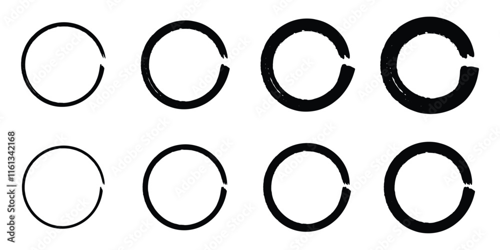Grunge circles brush set. Black circle frames. Round line of black paint. Grunge round shapes. Circular ink brush stroke design elements. Vector illustration.