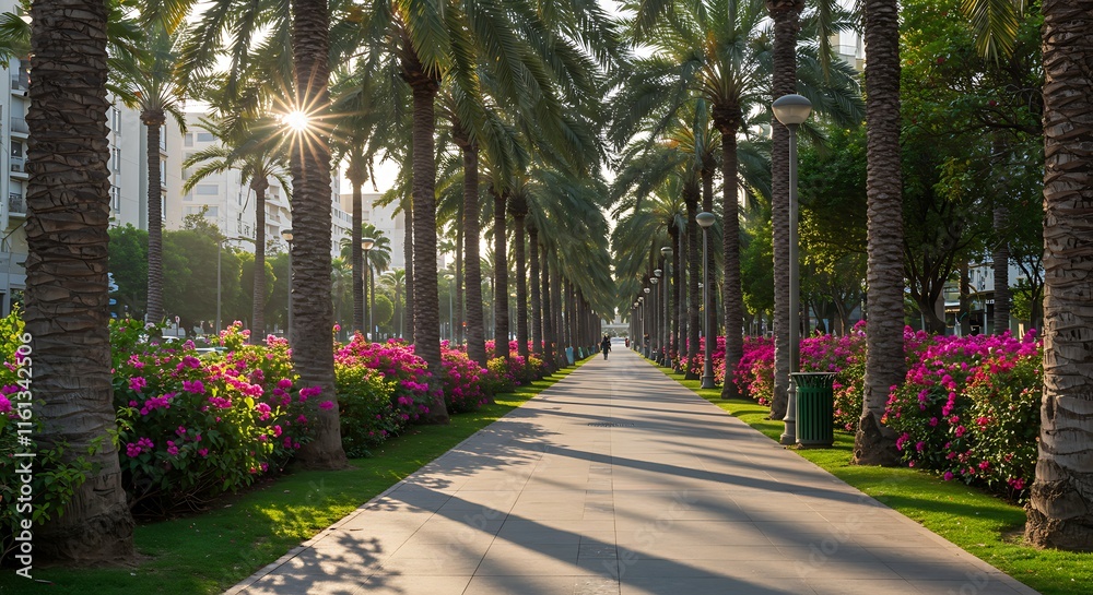Sunlight streams through palm trees lining a paved walkway. Pink flowers and lush landscaping create a tranquil urban park garden. Sunlight streams through palm trees lining a paved walkway. Pink flowers and lush landscaping create a tranquil urban park garden.