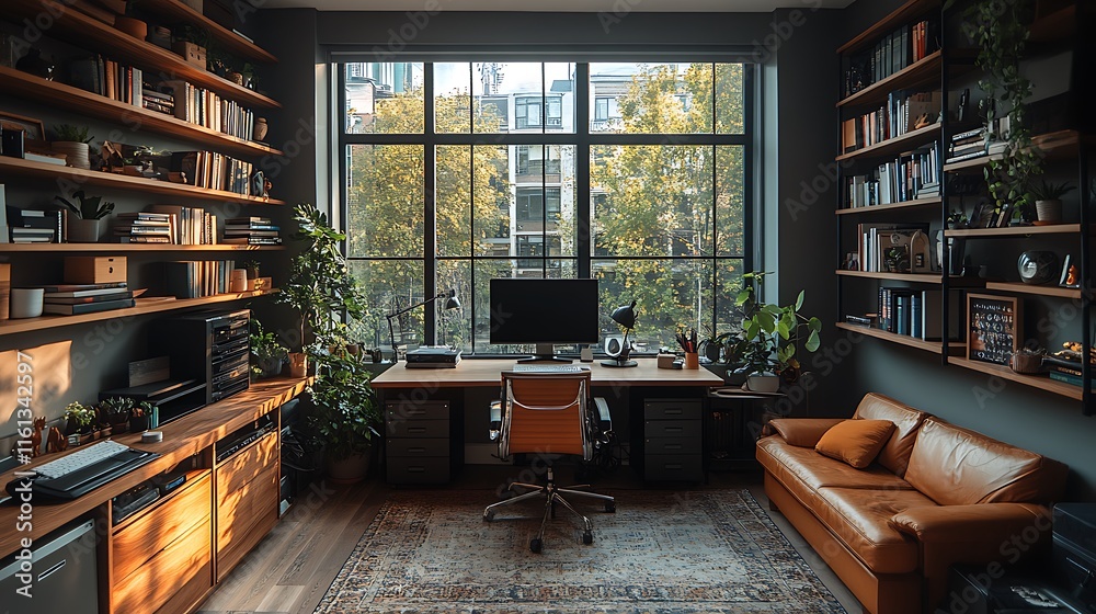 Vibrant Displaying Modern Home Office Workspace Styled With Sleek Natural Light Background Vibrant Displaying Modern Home Office Workspace Styled With Sleek Natural Light Background