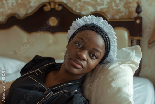 Woman is laying on a bed with a white pillow. She is wearing a black dress and a white hat. Concept of relaxation and comfort, as the woman is at ease in her surroundings