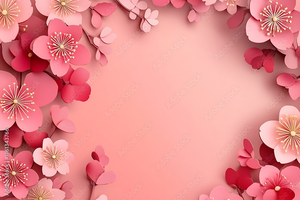 Chinese New Year paper-cut style illustration with red and pink cherry blossoms on the left. Pink color palette, ideal for festive designs. Center space for text. Perfect for Chinese New Year themes. Chinese New Year paper-cut style illustration with red and pink cherry blossoms on the left. Pink color palette, ideal for festive designs. Center space for text. Perfect for Chinese New Year themes.