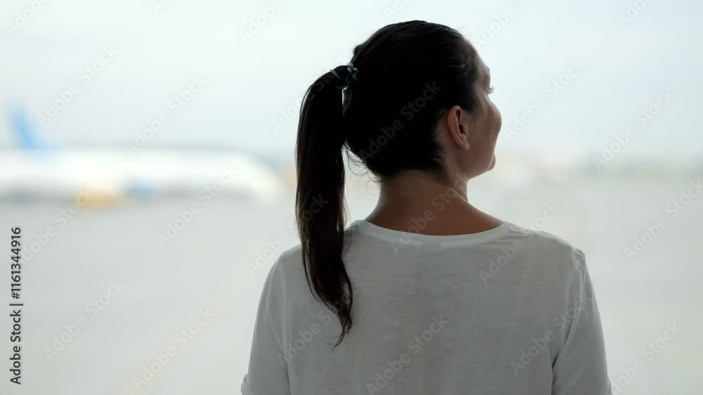 Woman carefully observes process of aircraft movement on airfield. Lady waits for boarding announcement in terminal trying to find certain aircraft Woman carefully observes process of aircraft movement on airfield. Lady waits for boarding announcement in terminal trying to find certain aircraft