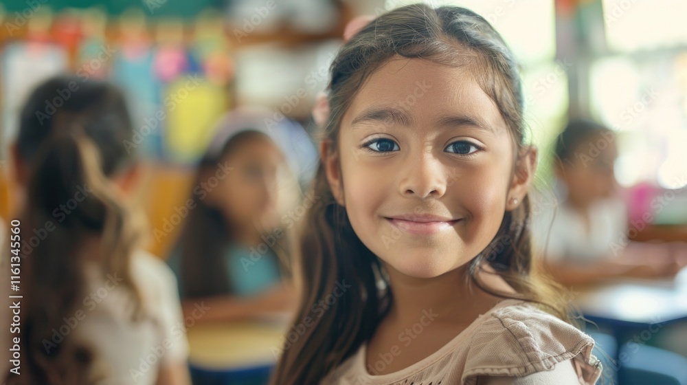 Young girl with black hair, smiling at the camera, wearing a beige top. Young girl with black hair, smiling at the camera, wearing a beige top.