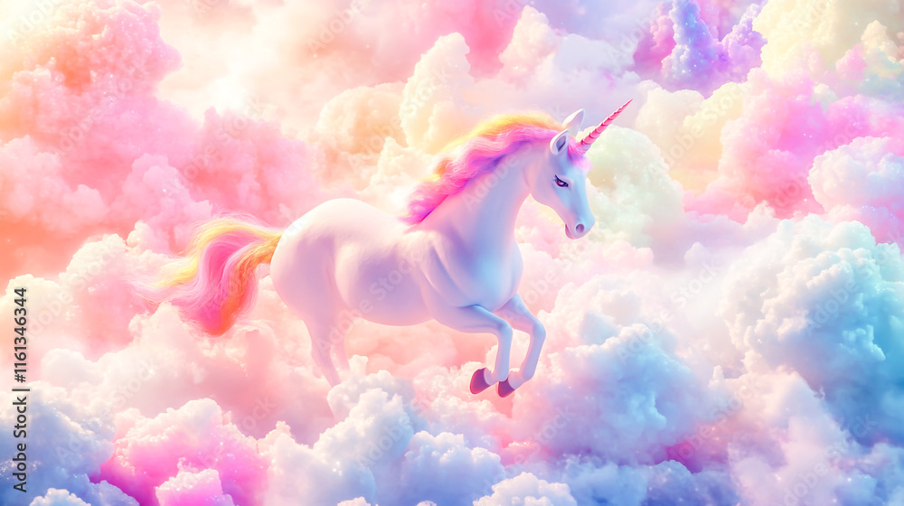 Naklejka premium Holographic fantasy background featuring a whimsical rainbow unicorn amidst fluffy clouds