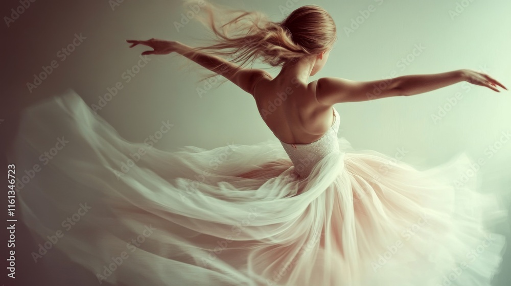 Naklejka premium Ballerina in flowing gown, arms outstretched, back view, dynamic pose.