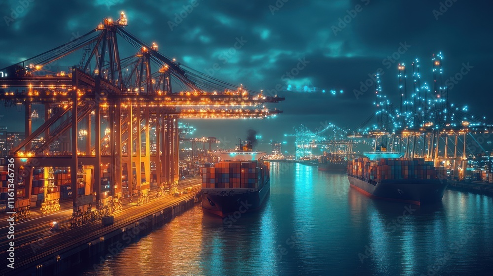 Obraz premium Night port with cargo ships and cranes.