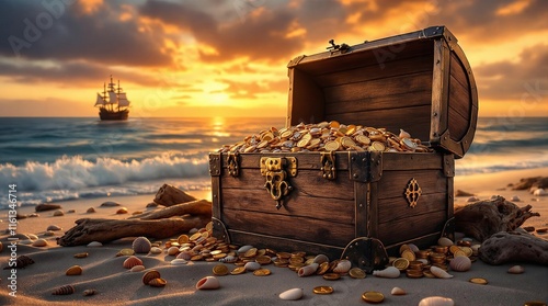 Treasure chest on beach with sunset and pirate ship in the background