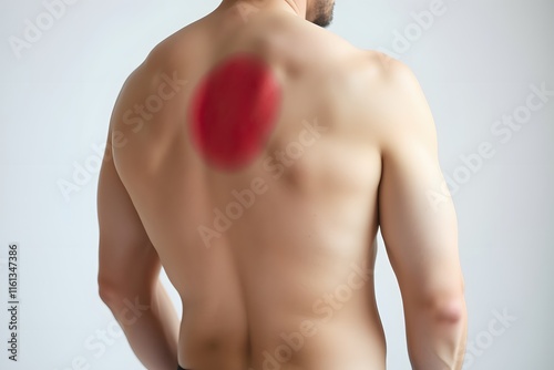 A shirtless man with a red circular mark on his back, showcasing body art or therapy.