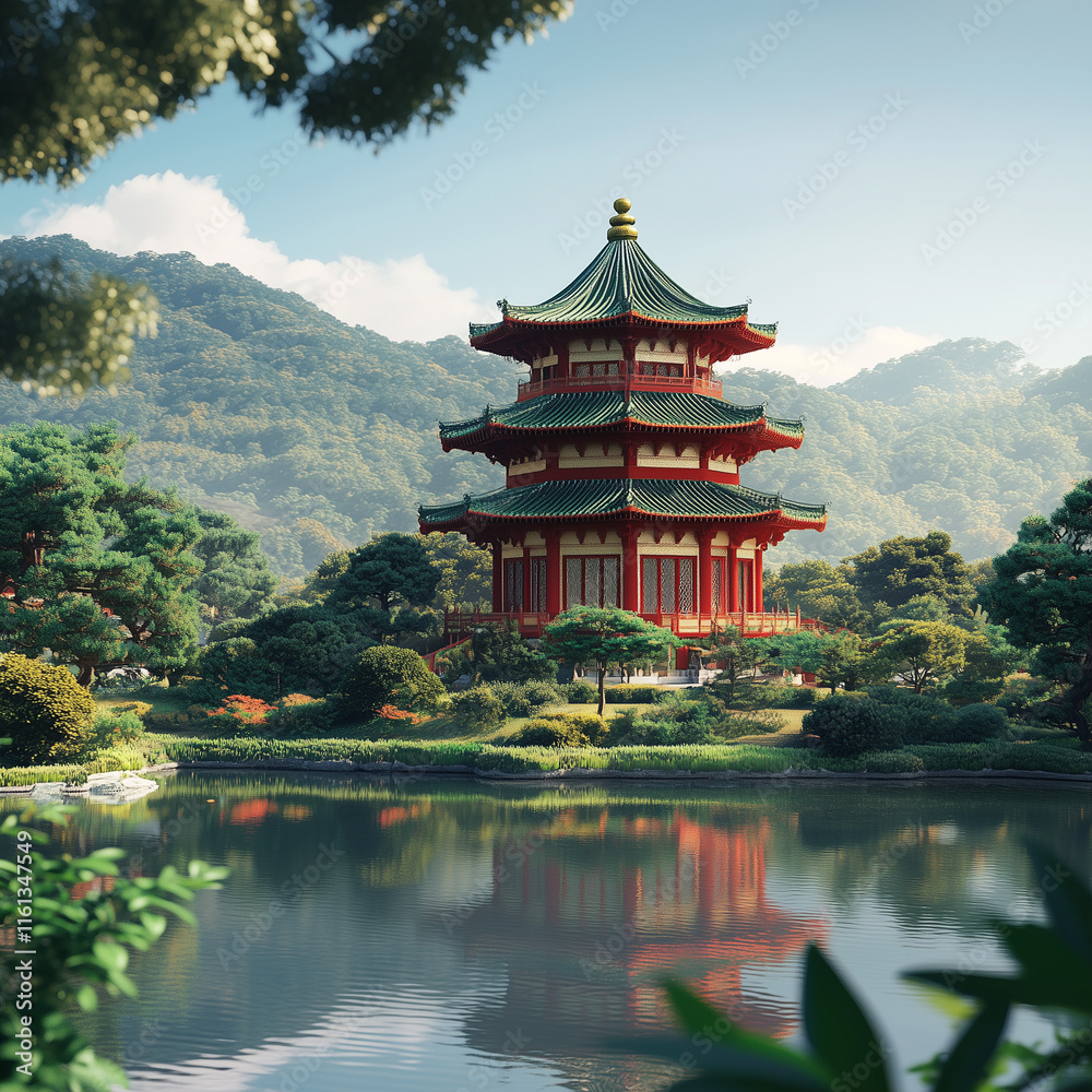 A traditional Chinese pagoda surrounded by gardens and a lake A traditional Chinese pagoda surrounded by gardens and a lake