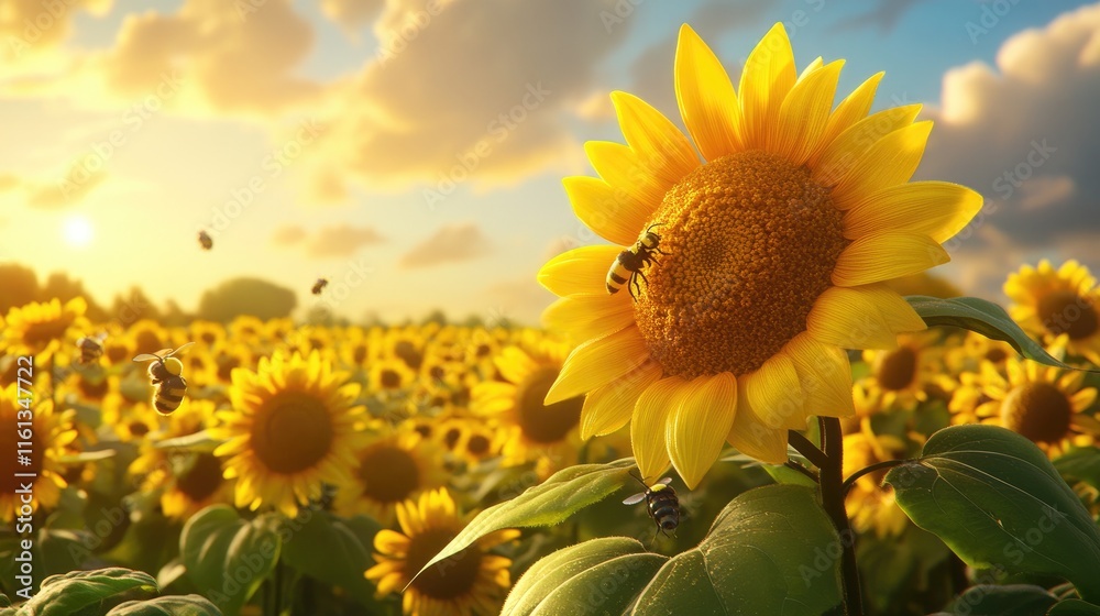 Fototapeta premium Sunflowers Bees Sunset Golden Field Nature