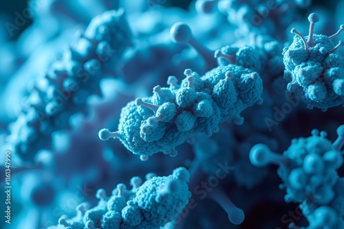 Close-up view of microscopic structures resembling viruses or bacteria in a blue hue.