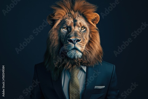 Man with lion mask in suit and tie, professional look with animal costume photo