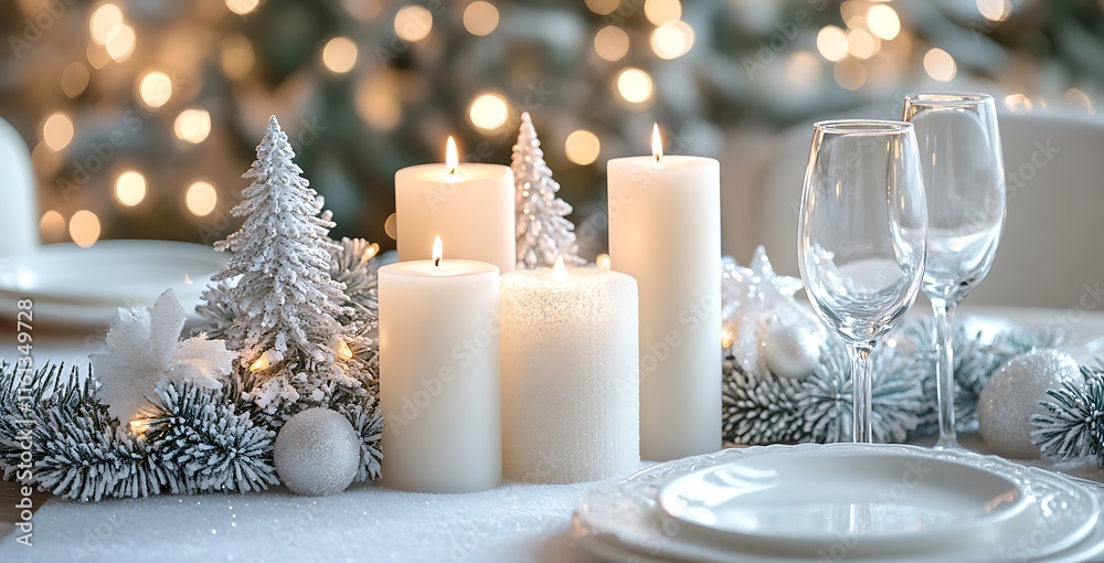 A luxurious table setting with white linen, candles, and glasses for a Christmas dinner or wedding party in a classy restaurant. Close-up shot against a festive dining room with bokeh lights. A luxurious table setting with white linen, candles, and glasses for a Christmas dinner or wedding party in a classy restaurant. Close-up shot against a festive dining room with bokeh lights.