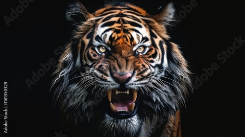 Vivid portrait of a roaring Bengal tiger, capturing its majesty and fierceness. photo