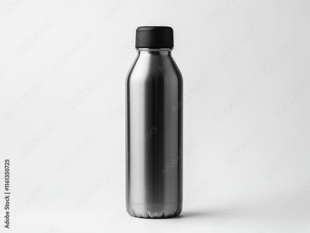 A shiny silver stainless steel reusable water bottle with a black cap. A shiny silver stainless steel reusable water bottle with a black cap.