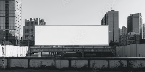 A city scene with a large blank billboard on the side of a concrete wall. photo