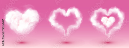 Three vibrant heart-shaped smoke clouds in pink, red and blue.