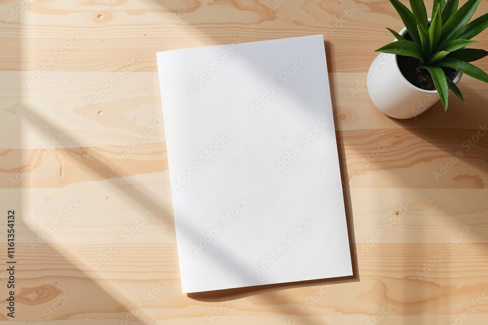 Minimalist folded flyer on wooden table with plant, calm ambiance. Mock up for business and advertising Minimalist folded flyer on wooden table with plant, calm ambiance. Mock up for business and advertising