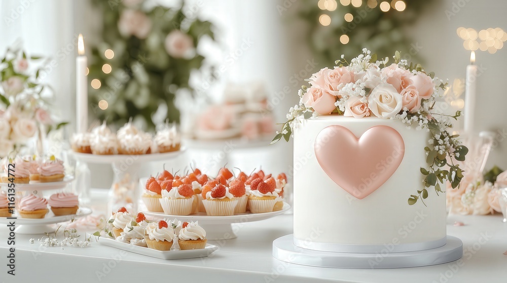 Delightful Table Display Featuring a Beautifully Decorated Cake Surrounded by Colorful Cupcakes Creating a Festive and Inviting Atmosphere for Celebration