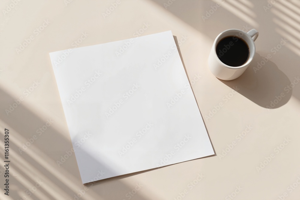 Minimalist A4 paper mockup with coffee cup in morning light, simplicity. Mockup for business and advertising Minimalist A4 paper mockup with coffee cup in morning light, simplicity. Mockup for business and advertising