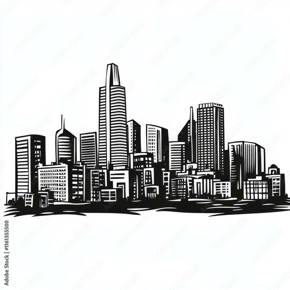 Naklejka premium Black and white illustration of a city skyline.