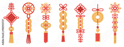 Set of traditional Chinese lucky knots with coins in red and gold, featuring tassels, coins, intricate geometric patterns. Symbolizing prosperity and harmony, perfect for festive designs. White backgr