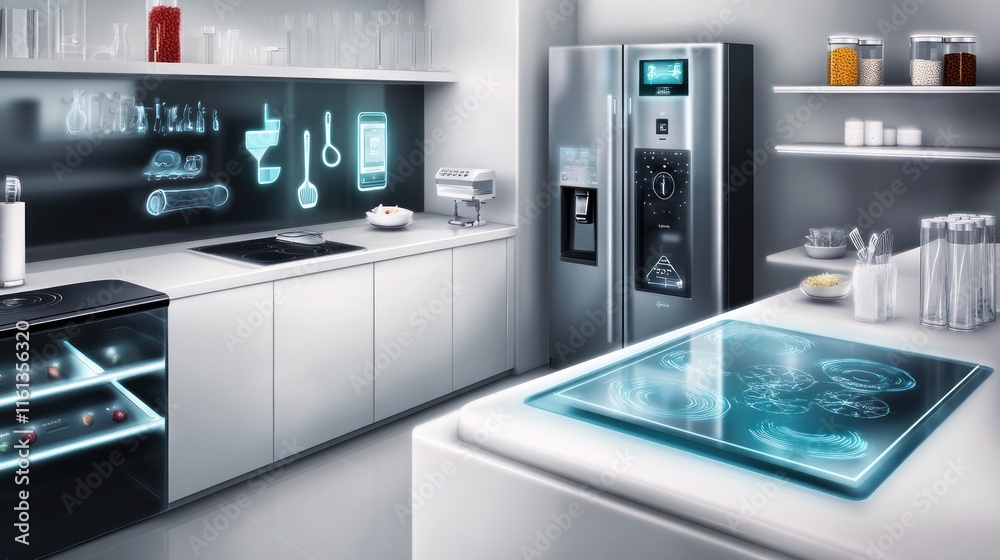 Modern, futuristic kitchen with smart appliances and interactive displays. Modern, futuristic kitchen with smart appliances and interactive displays.