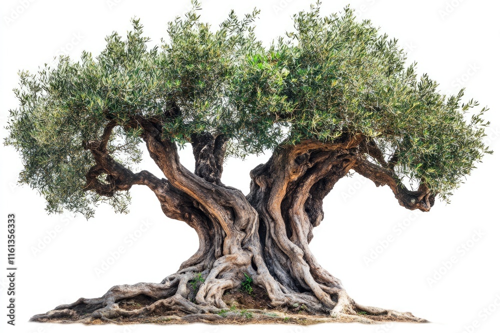 Fototapeta premium Centenarian Olive Tree Isolated on White Background, Capturing Greece's Rich Cultivation Heritage