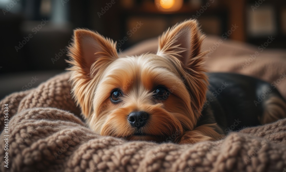 Adorable Yorkshire Terrier resting on a blanket Adorable Yorkshire Terrier resting on a blanket