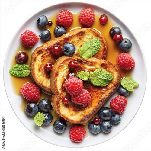 Delicious french toast with berries and maple syrup for breakfast