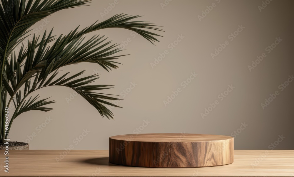 Elegant wooden display with palm leaves Elegant wooden display with palm leaves