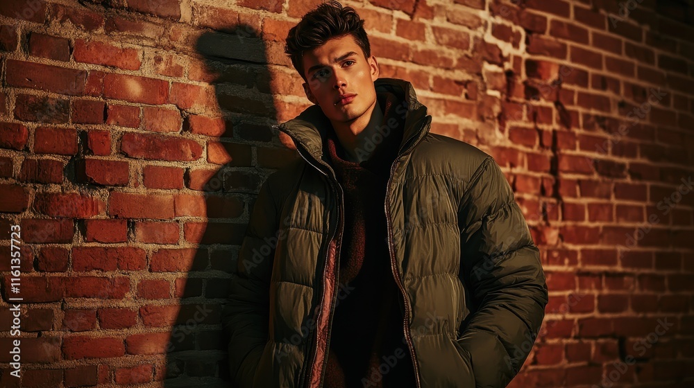 Man model wearing a winter fashion on a brick background Man model wearing a winter fashion on a brick background
