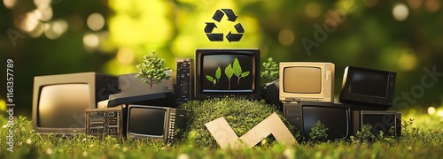 A Pile of Old Electronic Equipment with the Green Circular Recycling Symbol photo