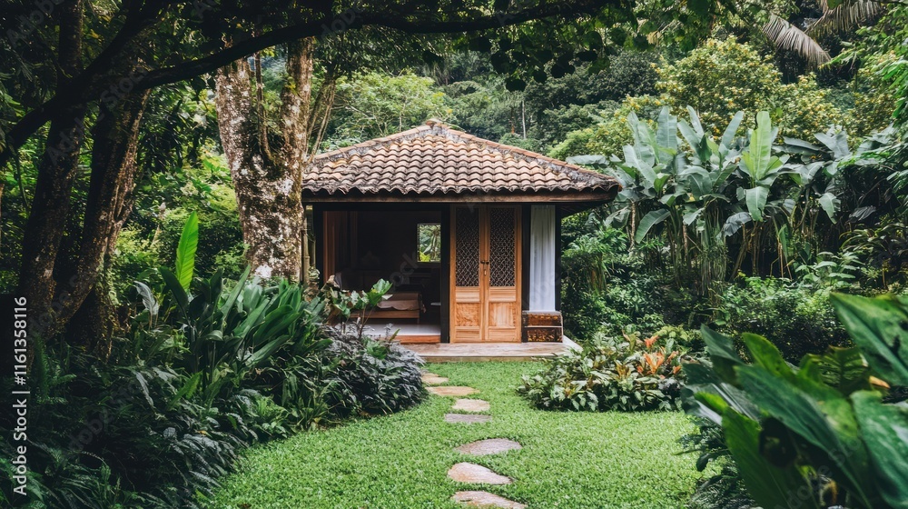 Tranquil wooden cabin nestled in lush tropical garden. Pathway leads to the cabin. Tranquil wooden cabin nestled in lush tropical garden. Pathway leads to the cabin.