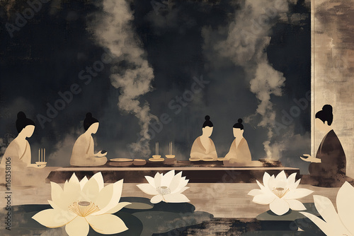 An illustration of a serene Buddhist ceremony, with incense and lotus flowers photo