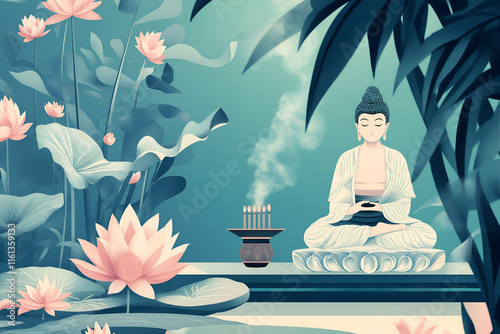 An illustration of a serene Buddhist ceremony, with incense and lotus flowers photo