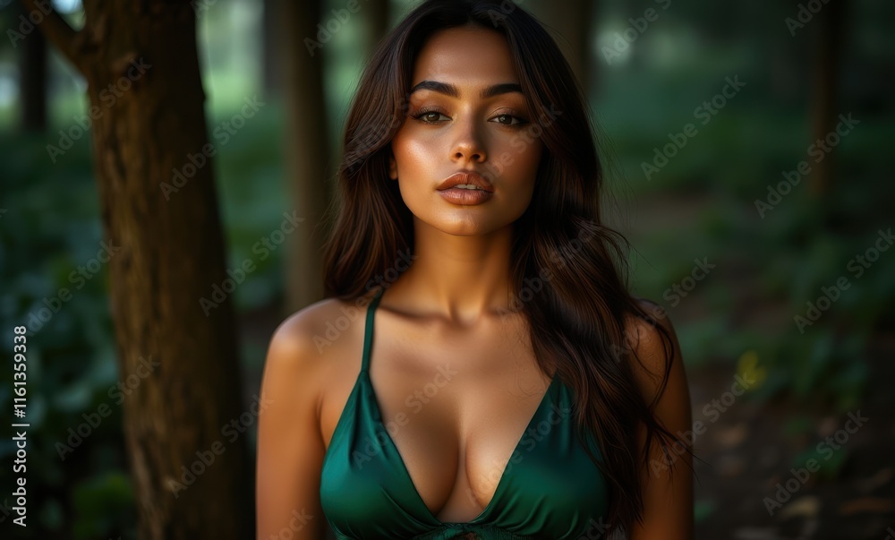 Young woman in green swimwear outdoors Young woman in green swimwear outdoors