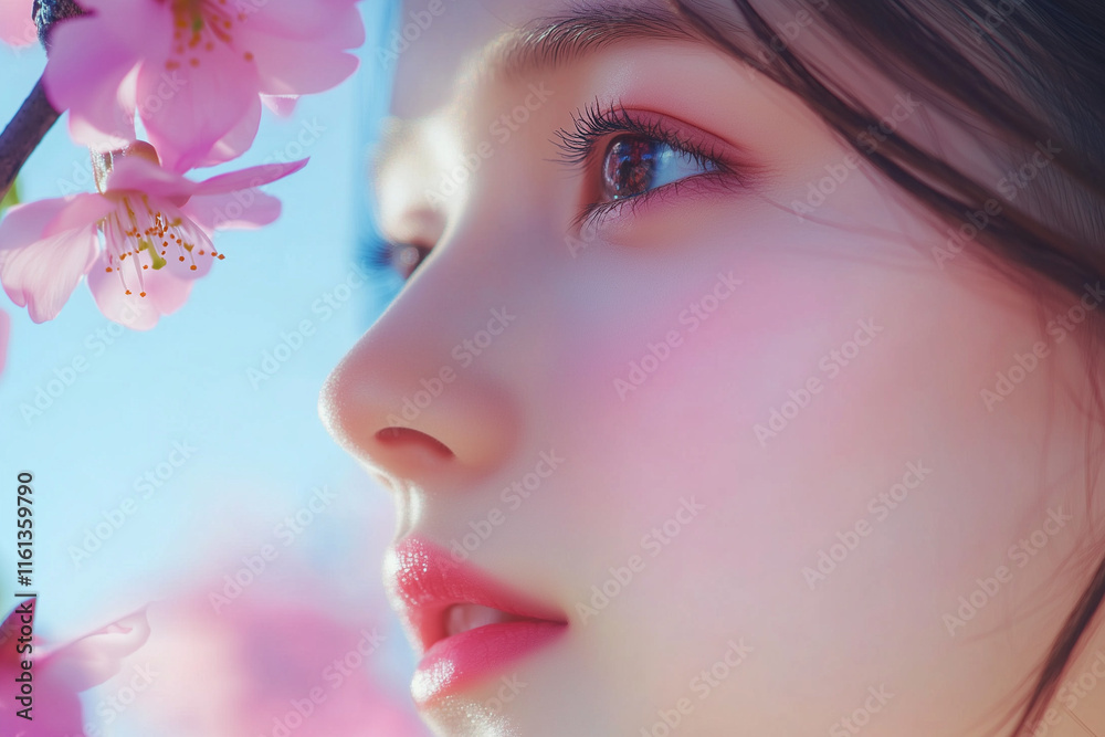 Fototapeta premium Woman admiring pink cherry blossoms under blue sky