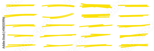 Yellow highlighter underlines set isolated on white background. Hand drawn yellow highlighter doodles. Yellow marker pen highlight underline strokes. Highlighter pen scribbles and strokes.