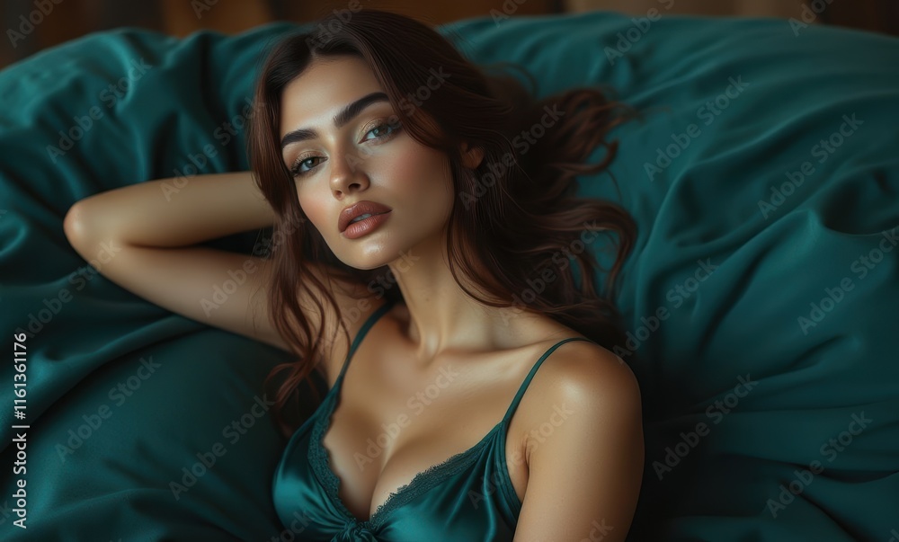 Elegant woman in a teal satin outfit Elegant woman in a teal satin outfit