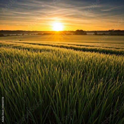 A panoramic view of farmland in the early morning light, dew on the crops sparkling like diamonds in the soft glow of sunrise.
 photo