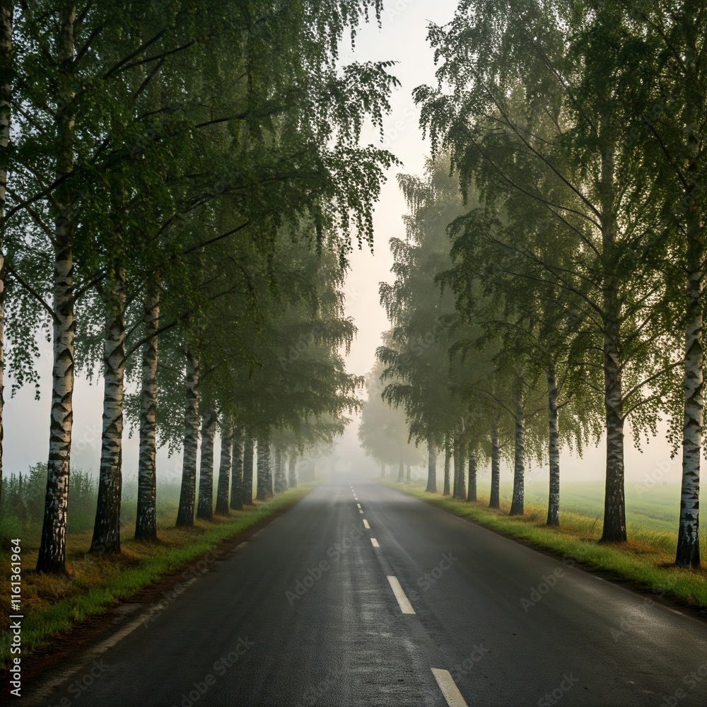 A quiet country road lined with tall trees, dew drops on every leaf, as sunlight gently pierces the misty atmosphere.
A quiet country road lined with tall trees, dew drops on every leaf, as sunlight gently pierces the misty atmosphere.