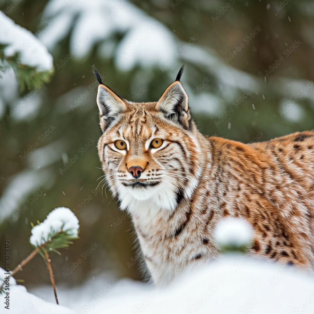 A lynx hidden among snow-laden pine trees, its sharp eyes scanning the frosty forest floor for prey.
A lynx hidden among snow-laden pine trees, its sharp eyes scanning the frosty forest floor for prey.