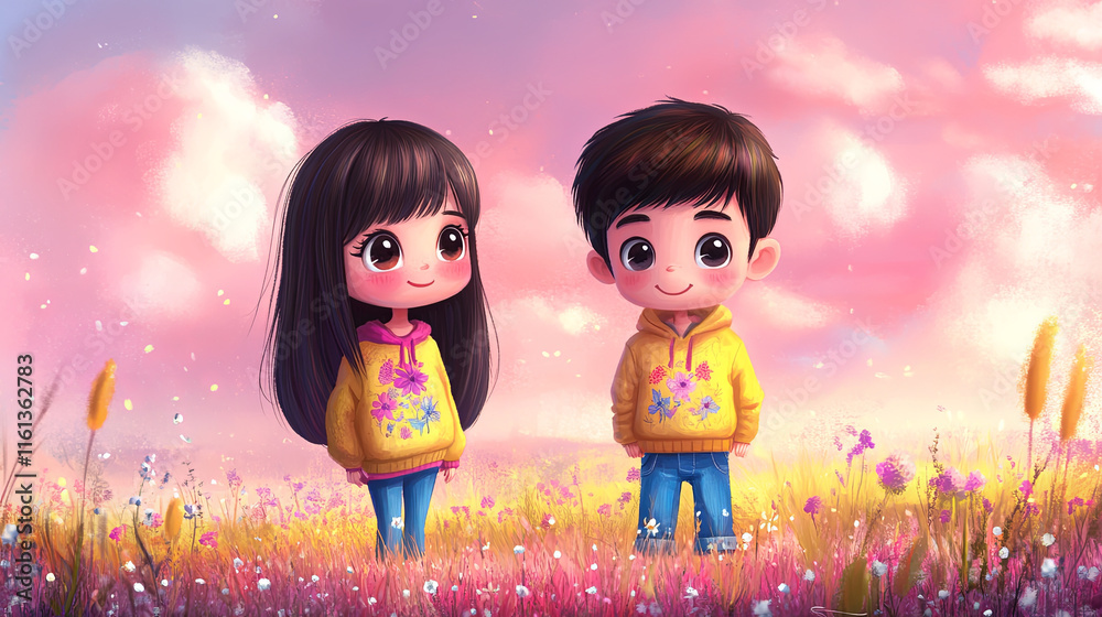 Cute couple in yellow hoodies, standing in a field of flowers under a pastel sky. Cute couple in yellow hoodies, standing in a field of flowers under a pastel sky.