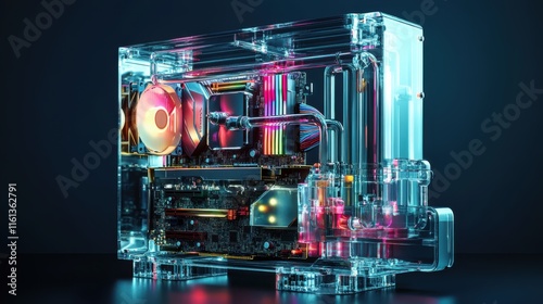 Stunning transparent computer case with glowing LED lights, showcasing innovative cooling system and modern design. Perfect for tech enthusiasts and gamers alike. photo