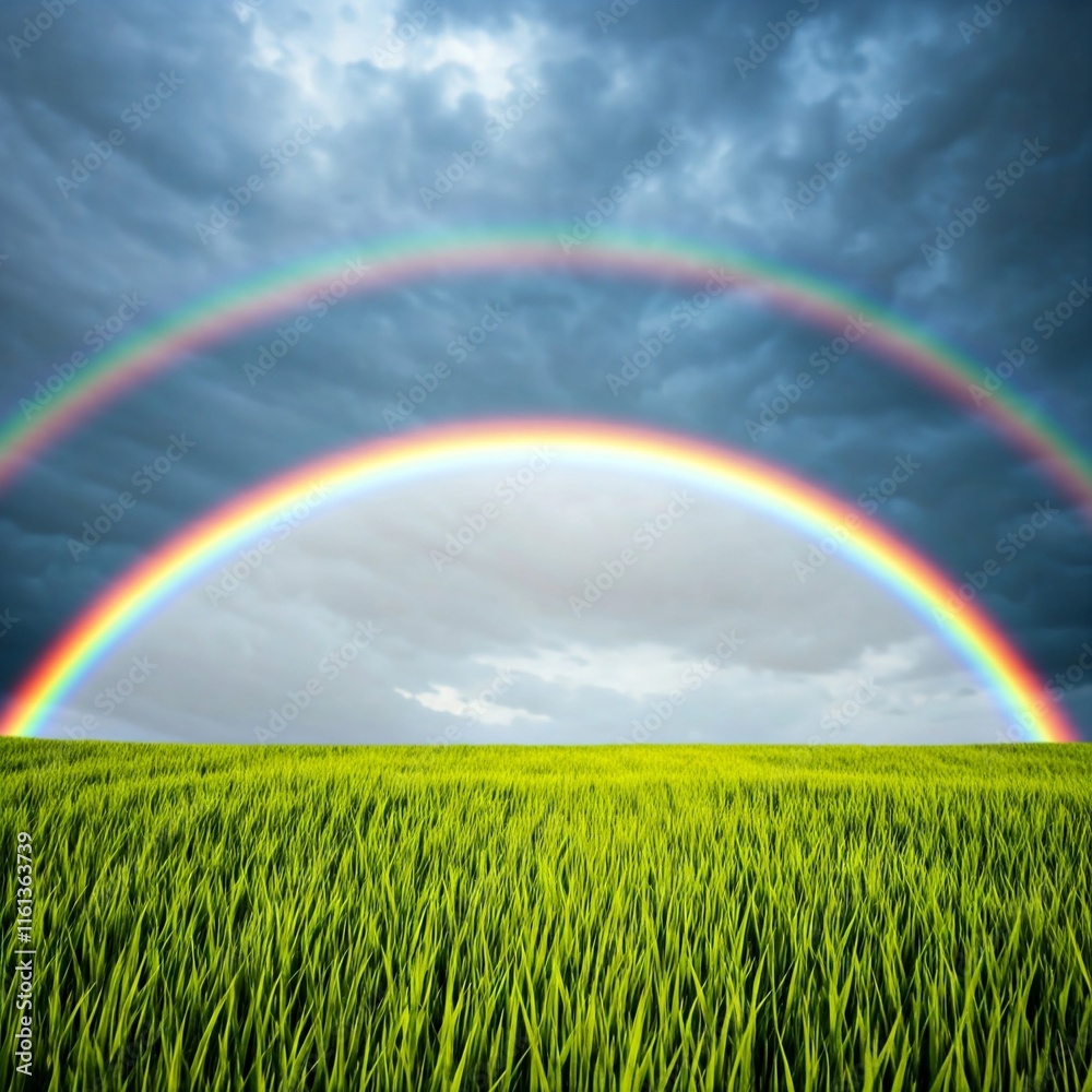 A vivid rainbow over a lush green meadow.
A vivid rainbow over a lush green meadow.