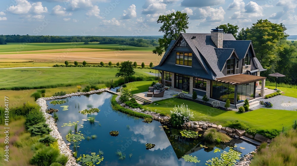Obraz premium Elegant farmhouse with large pond and green fields.