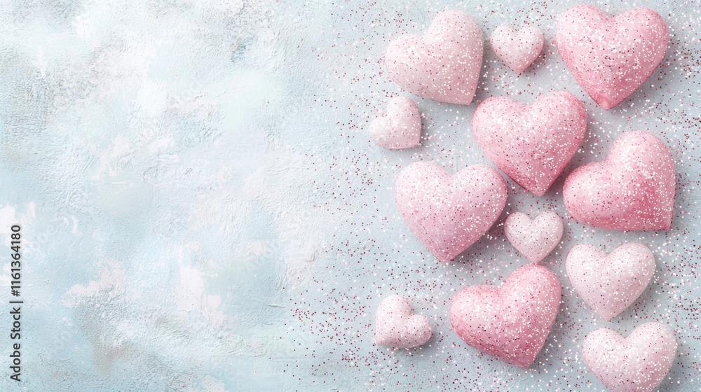 Fototapeta premium Pink glitter hearts scattered on a light blue background.