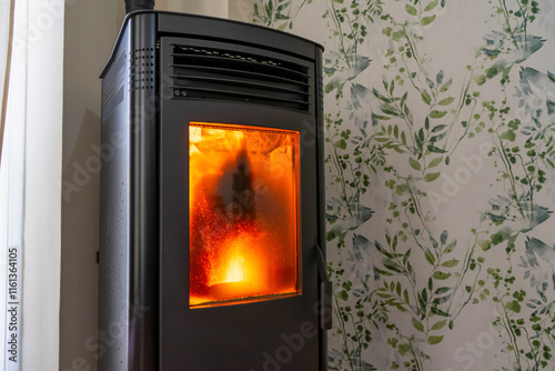 Horizontal photo of a very dirty pellet stove inside a living room of a house. Renewable energy source. Biomass in the form of pellets.